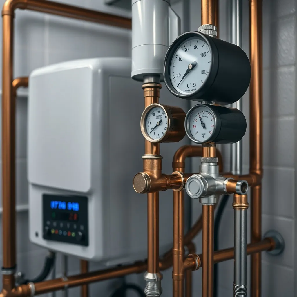 A technical close-up of a modern heating boiler system with