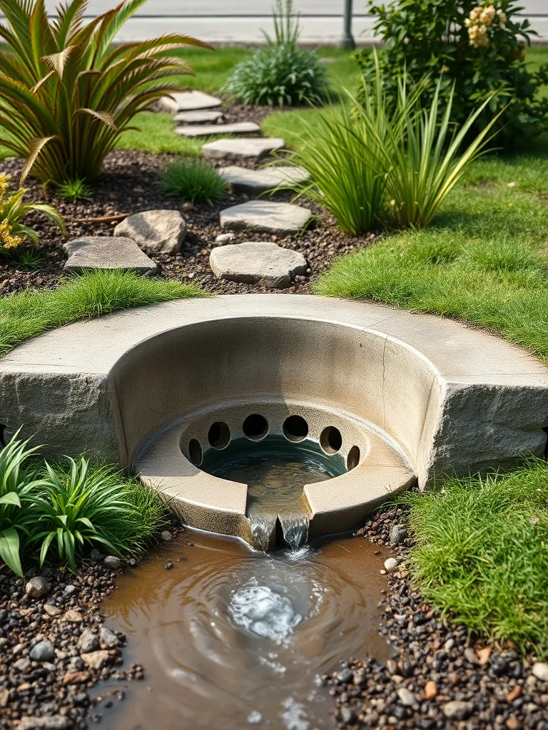 A concrete drainage outlet in a landscaped garden showing pr
