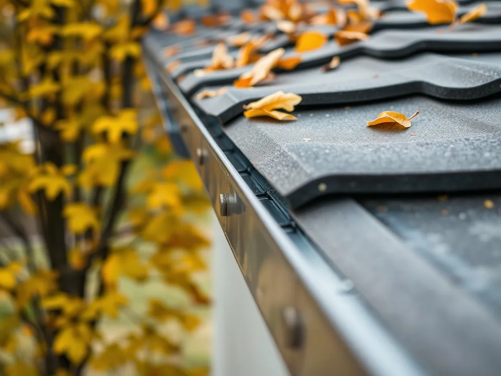 A close-up of a clean metal gutter on a modern roof with aut