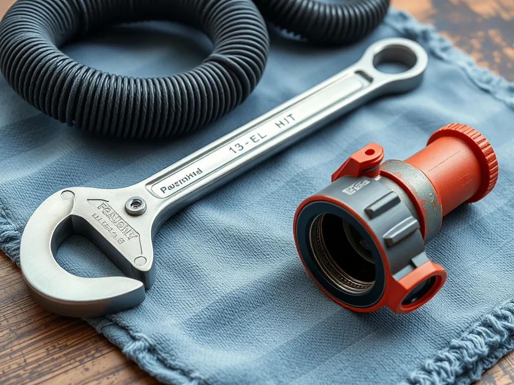 Professional plumbing tools including a pipe wrench and drai