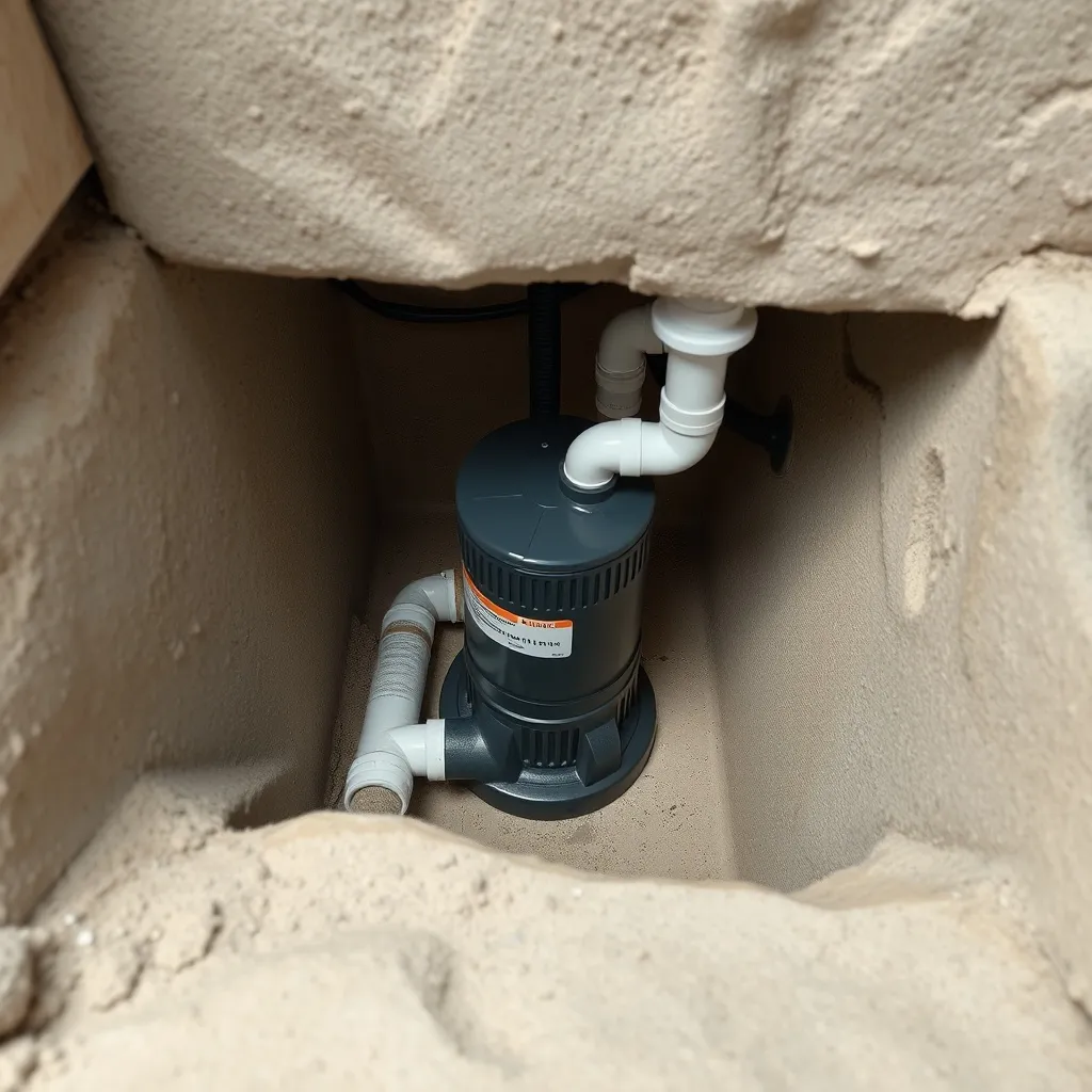A modern sump pump installed in a clean basement pit with PV