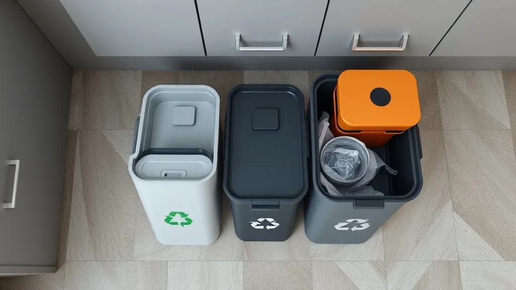 A minimalist, top-down view of organized recycling bins in a